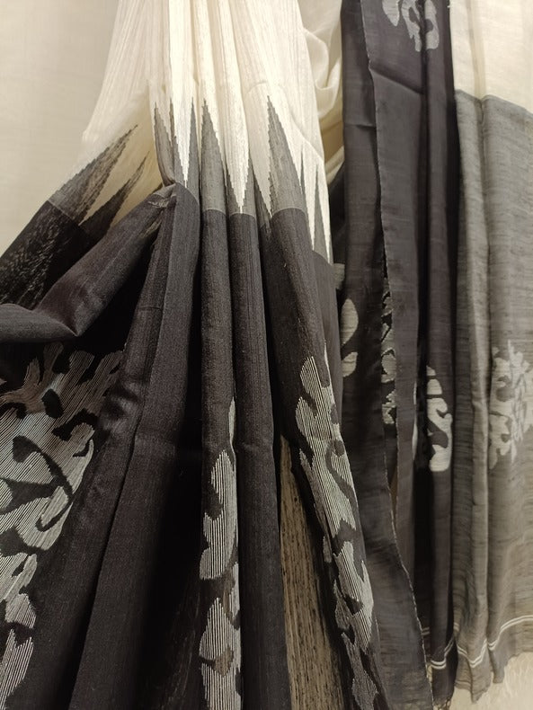 White and black Handloom Matka Silk Saree With Black Broad Border Balaram Saha