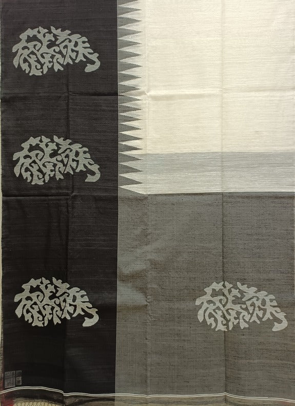 White and black Handloom Matka Silk Saree With Black Broad Border Balaram Saha