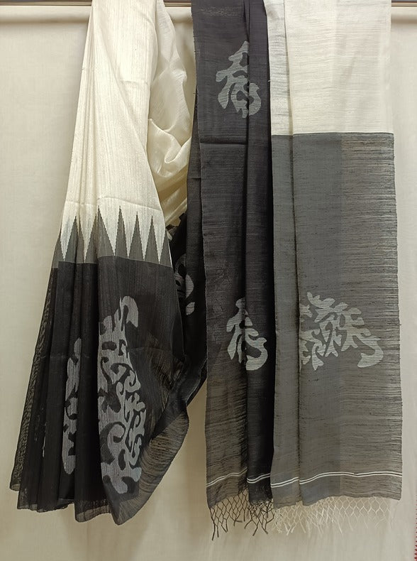 White and black Handloom Matka Silk Saree With Black Broad Border Balaram Saha