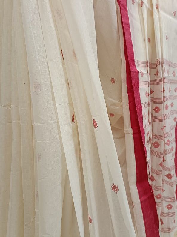 White & Red Handwoven Traditional Cotton Jamdani Saree Balaram Saha