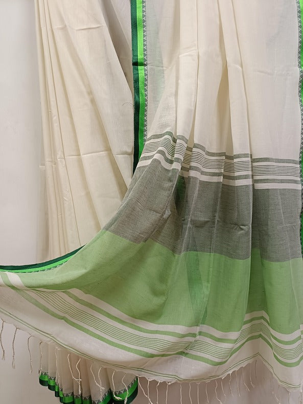 Premium Quality Off-White Handloom Cotton Saree with Satin Contrast Border Balaram Saha