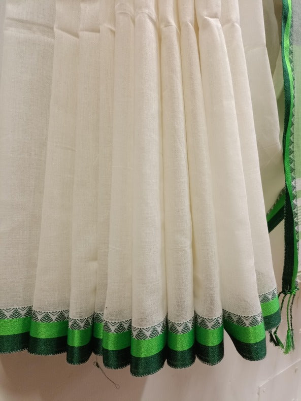 Premium Quality Off-White Handloom Cotton Saree with Satin Contrast Border Balaram Saha