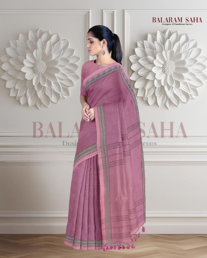 Lilac Pink, Soft Handloom Cotton Plain Saree Balaram Saha