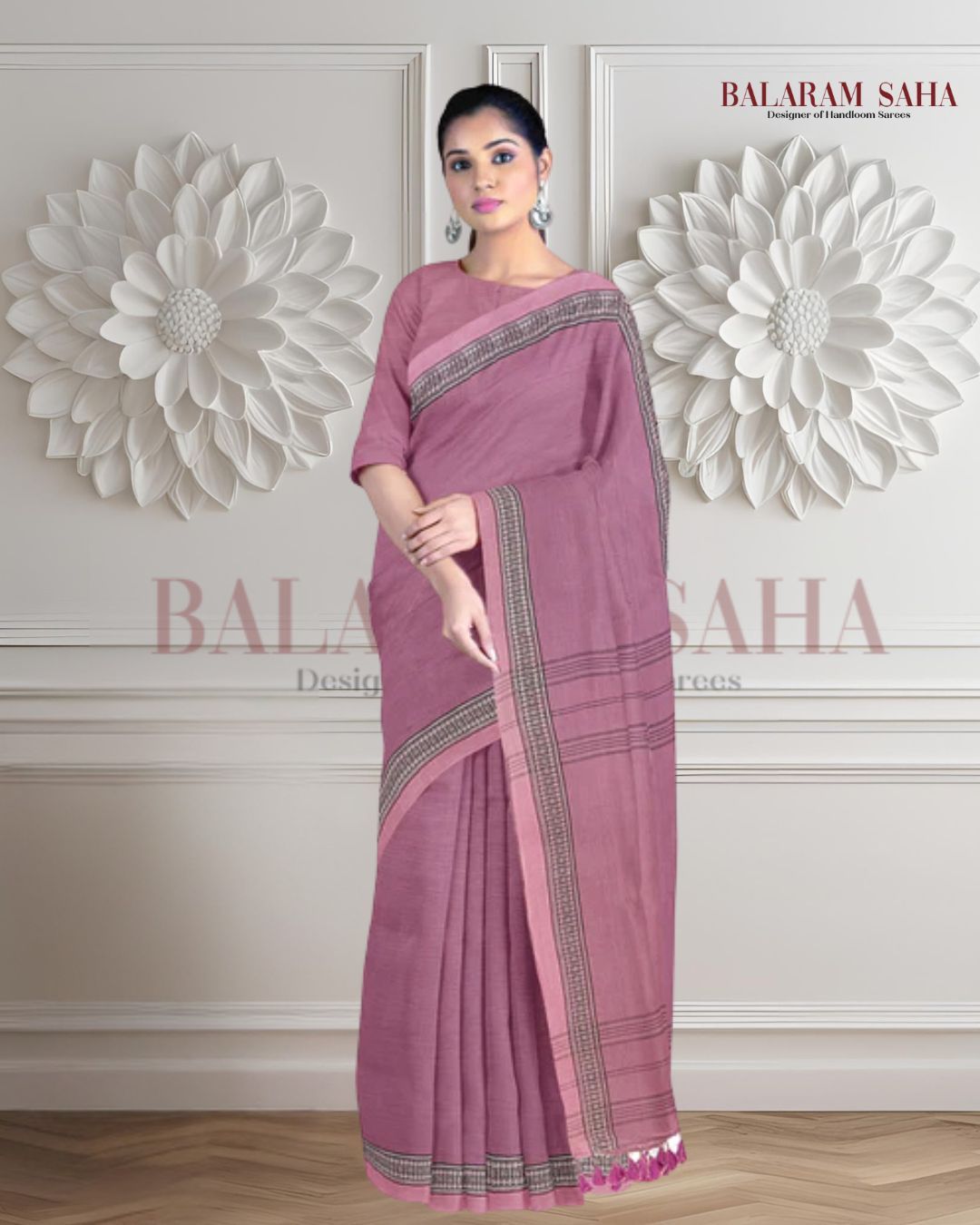 Lilac Pink, Soft Handloom Cotton Plain Saree Balaram Saha