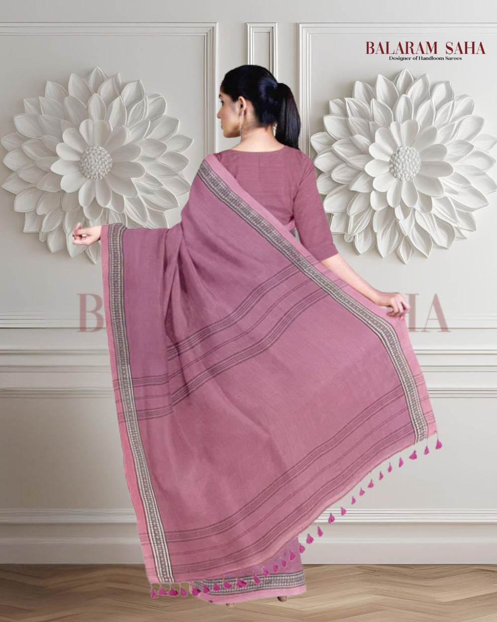Lilac Pink, Soft Handloom Cotton Plain Saree Balaram Saha