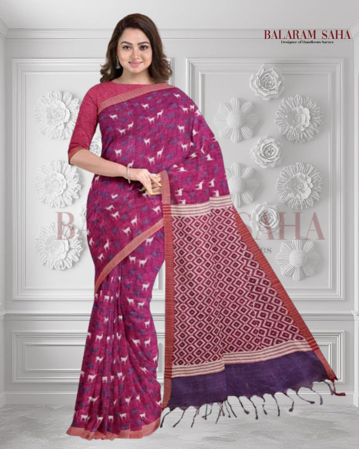 Magenta Premium Handloom Cotton Saree (Animals Print) - Crafted by Balaram Saha Balaram Saha