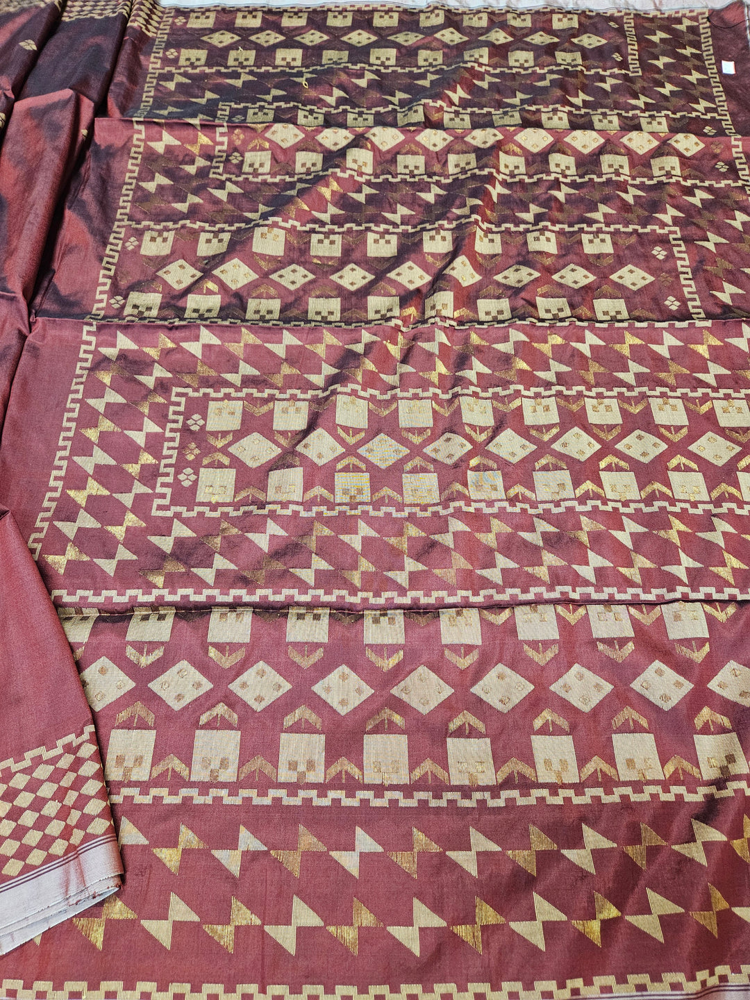 Maroon & Beige Handwoven Premium Katan Silk Jamdani Saree (jamdani saree, jamdani sarees, cotton jamdani saree, jamdani cotton saree, handloom cotton saree, balaram saha online, jamdani saree online, soft jamdani saree, katan silk, silk saree)   https://en.wikipedia.org/wiki/Main_Page