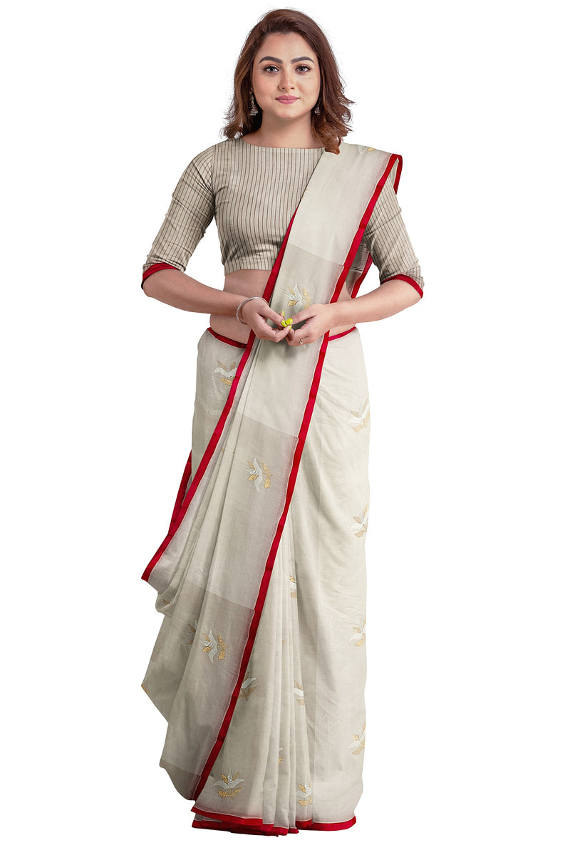 White & Red Handloom Muslin Silk handwoven Jamdani saree Balaram Saha