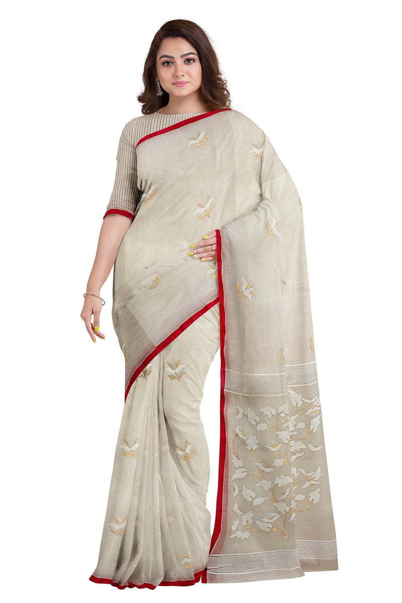 White & Red Handloom Muslin Silk handwoven Jamdani saree Balaram Saha