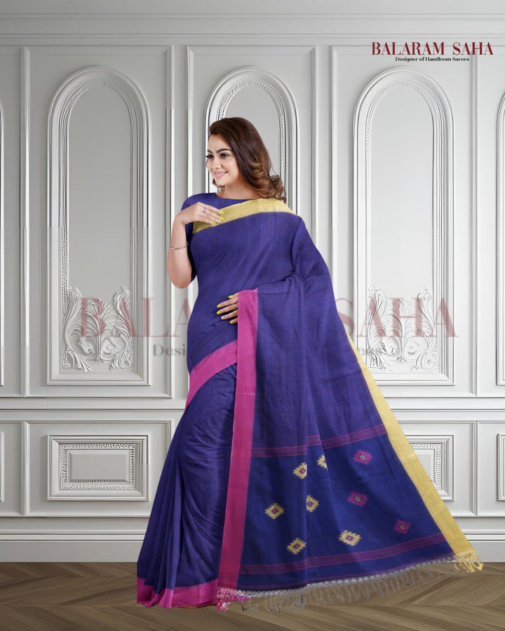 Navy Blue Handloom Soft Cotton Ganga Jamuna Border Saree Of Balaram Saha (handloom saree, cotton saree, handloom cotton saree, balaram saha online, handloom sarees, balaram saha handloom saree store photos, balaram saha handloom saree store, cotton handloom saree, bengal handloom sarees, pure cotton, cotton saree for women, cotton saree online)  https://in.pinterest.com/