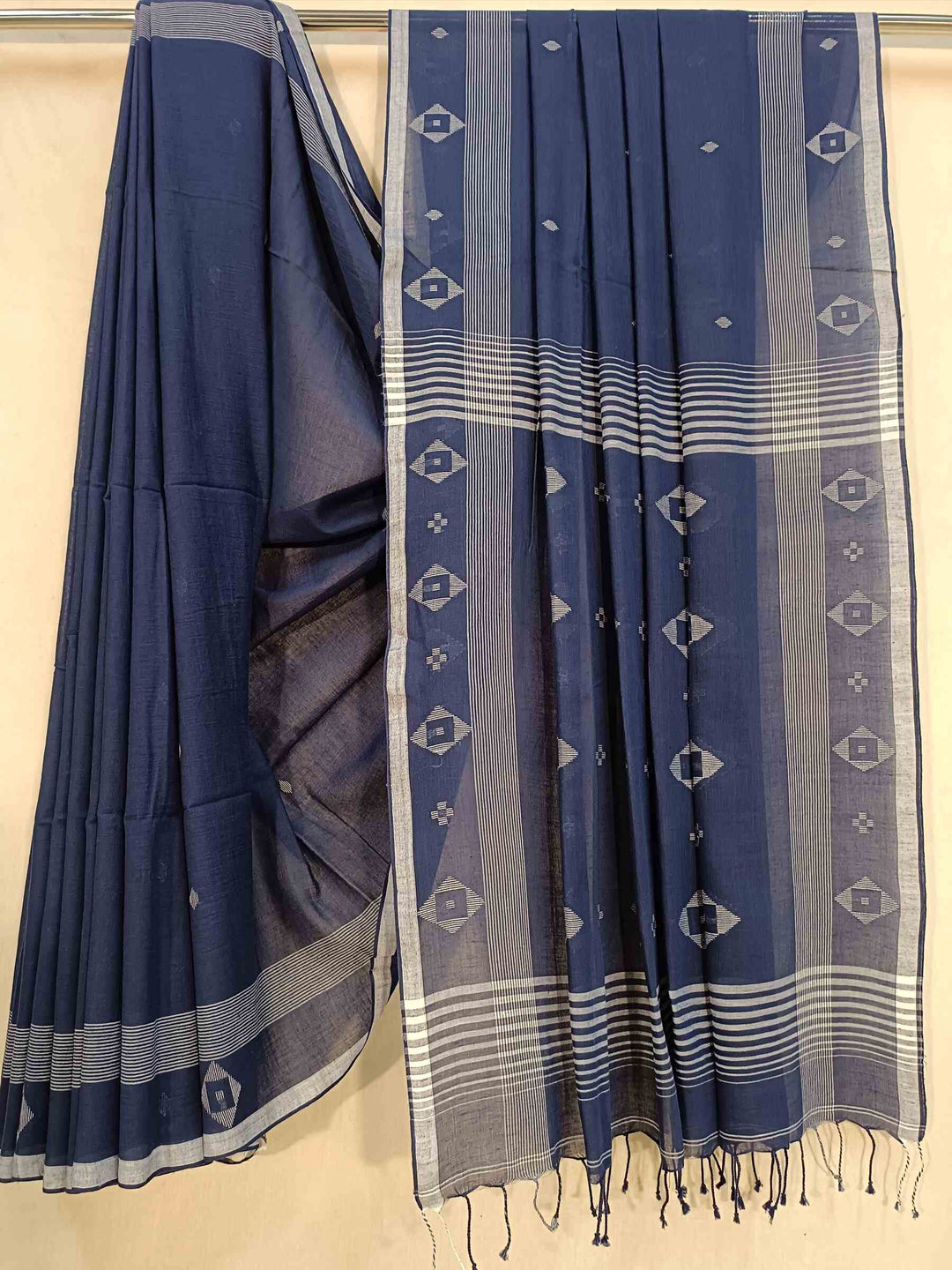 Navy Blue & White Handspun Handwoven Cotton Jamdani Saree Balaram Saha