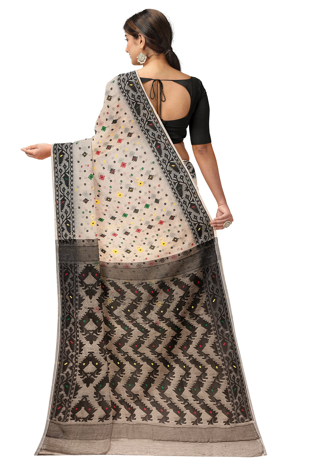 Off-White & Black Soft Handloom Jacquard Jamdani saree, Balaram Saha