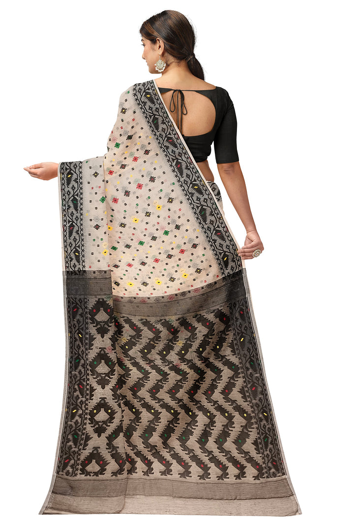 Off-White & Black Soft Handloom Jacquard Jamdani saree, Balaram Saha