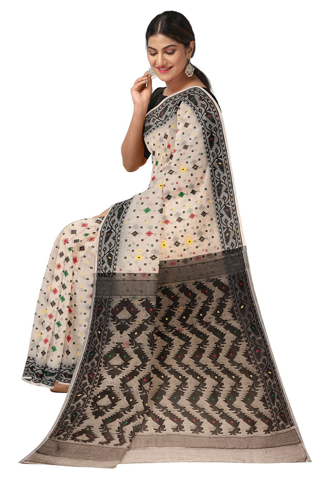 Off-White & Black Soft Handloom Jacquard Jamdani saree, Balaram Saha