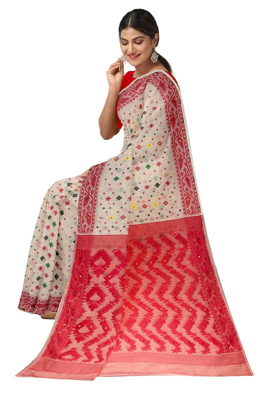 Off-White & Red Soft Handloom Jacquard Jamdani saree, Balaram Saha