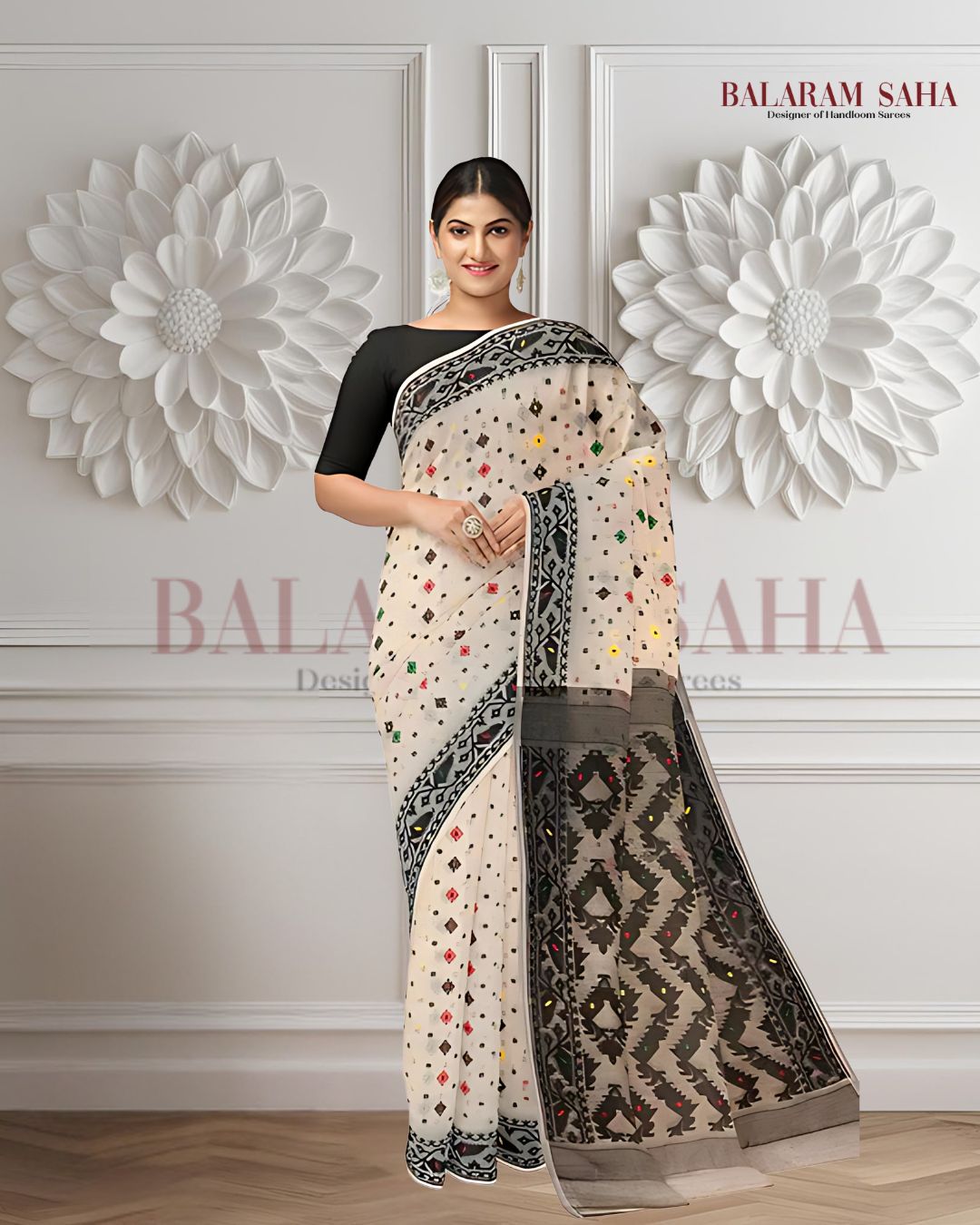 Off-White & Black Soft Handloom Jacquard Jamdani saree, Balaram Saha