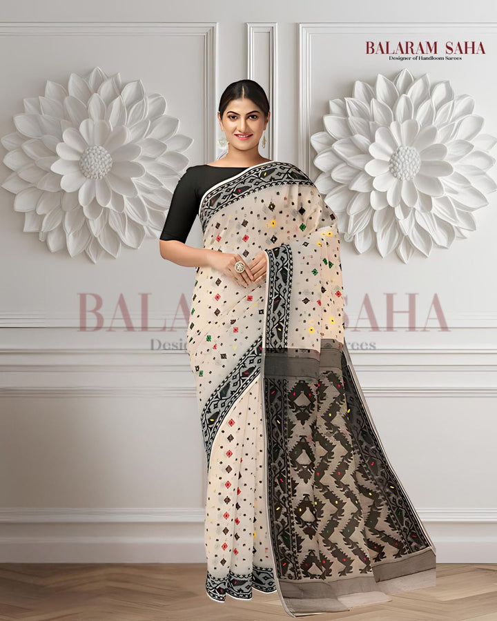 Off-White & Black Soft Handloom Jacquard Jamdani saree, Balaram Saha