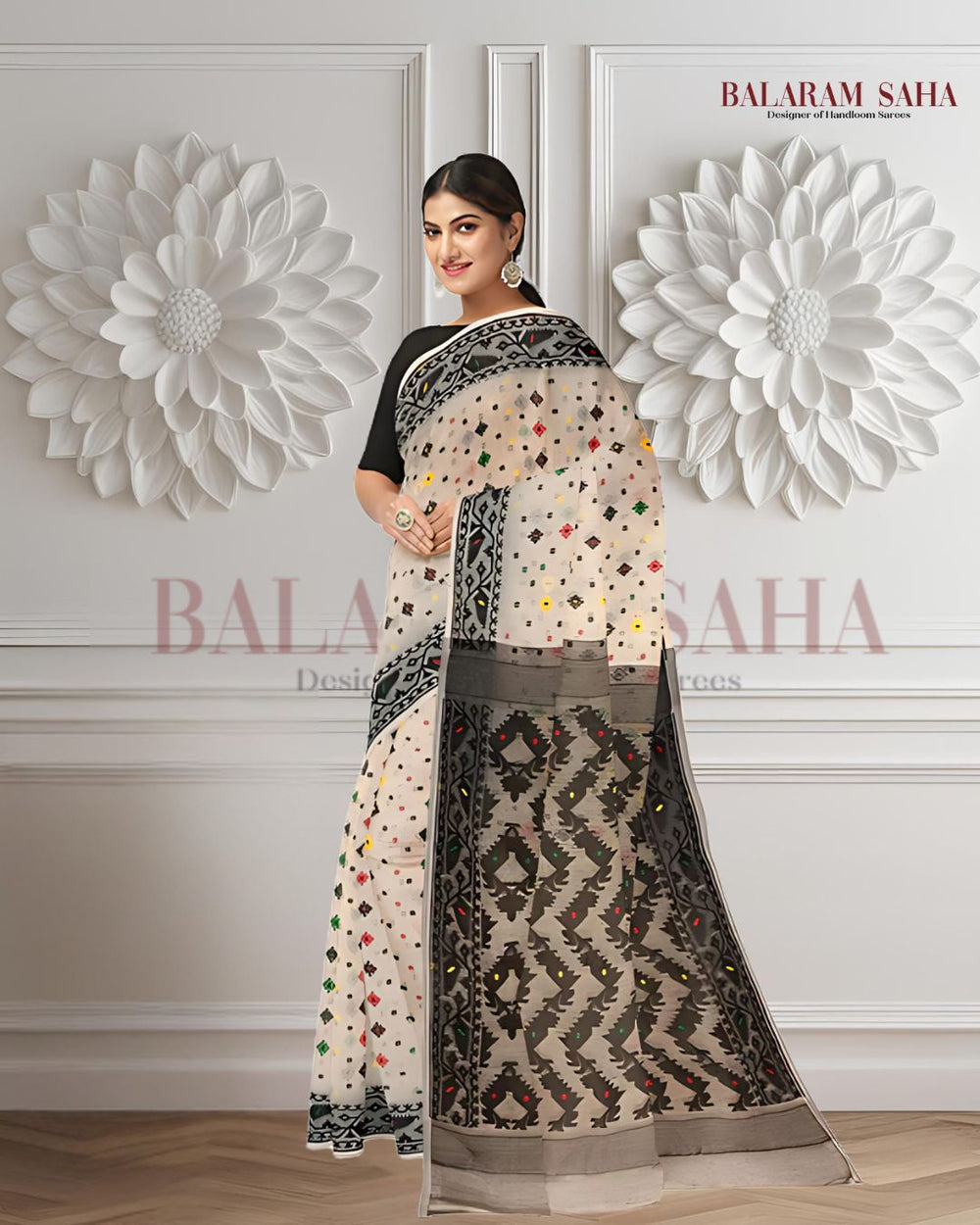 Off-White & Black Soft Handloom Jacquard Jamdani saree, Balaram Saha