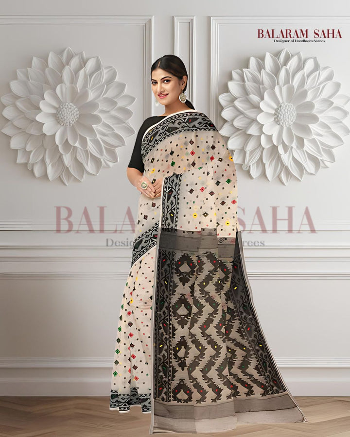 Off-White & Black Soft Handloom Jacquard Jamdani saree, Balaram Saha