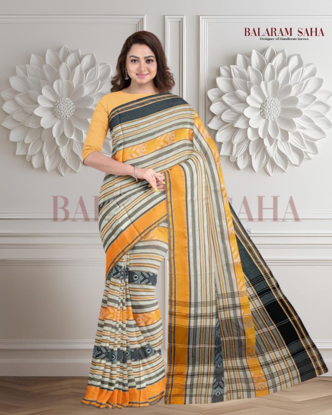 Off-White Handloom Soft Dhonekali Fish Design Saree Of Balaram Saha Balaram Saha