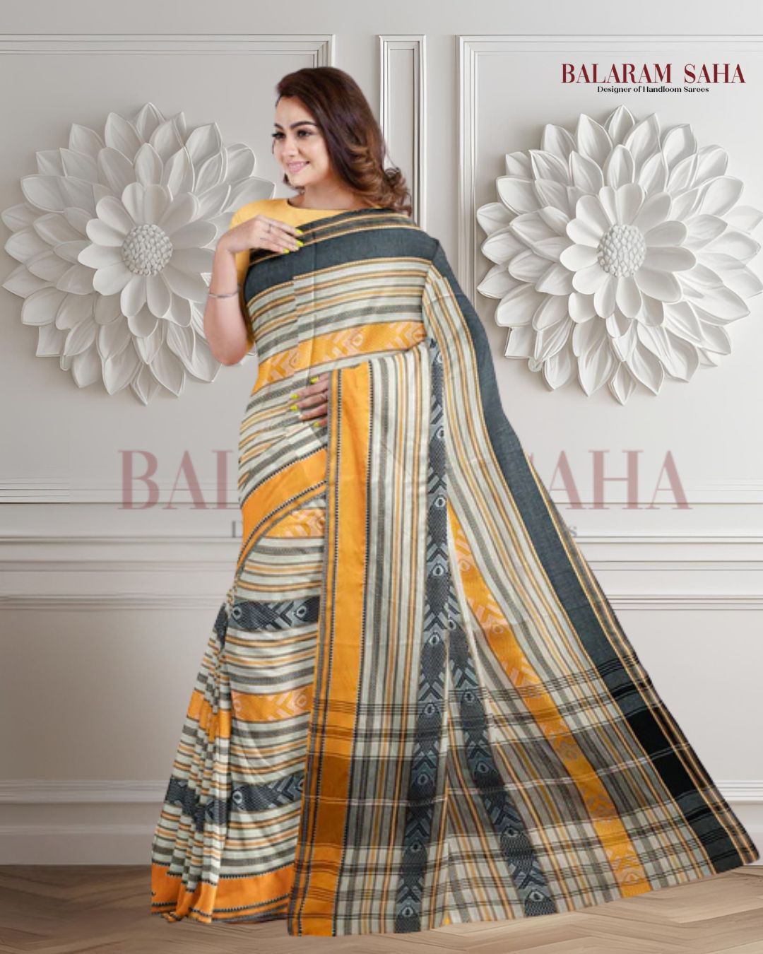 Off-White Handloom Soft Dhonekali Fish Design Saree Of Balaram Saha Balaram Saha