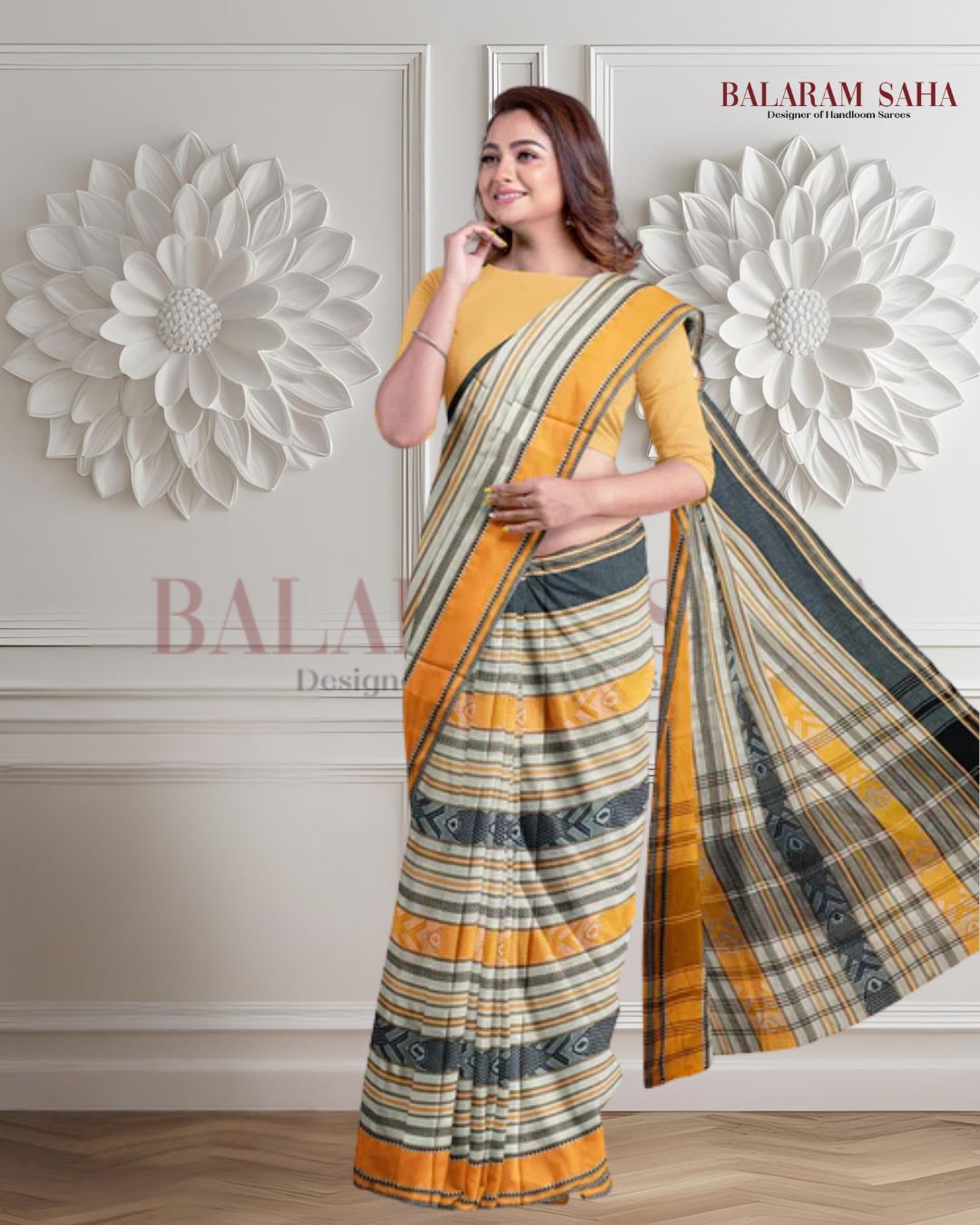 Off-White Handloom Soft Dhonekali Fish Design Saree Of Balaram Saha Balaram Saha