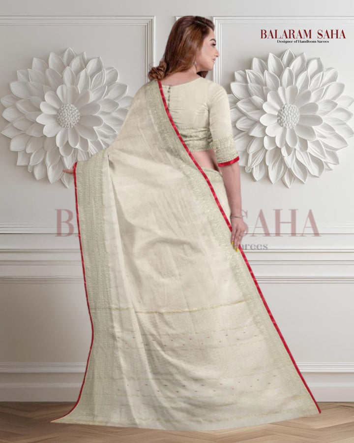 Off-White Soft Handloom Saree With Gold Zari Border Balaram Saha