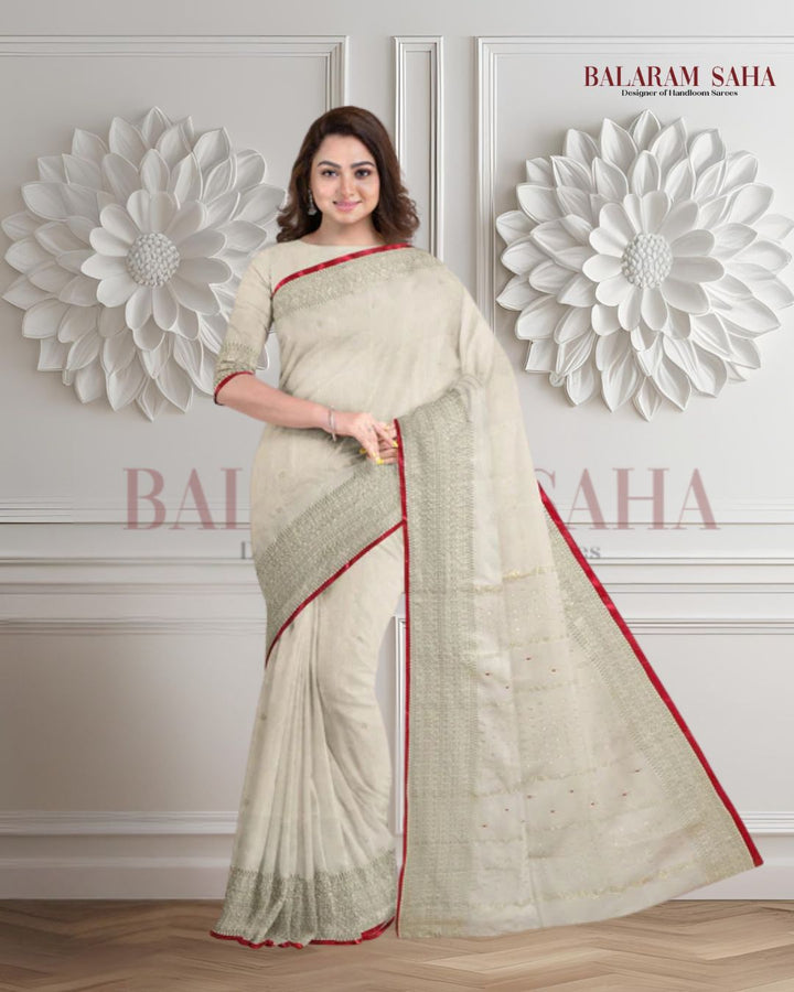 Off-White Soft Handloom Saree With Gold Zari Border Balaram Saha