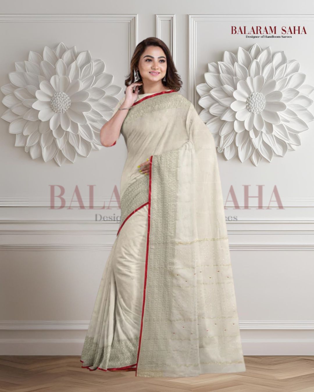 Off-White Soft Handloom Saree With Gold Zari Border Balaram Saha
