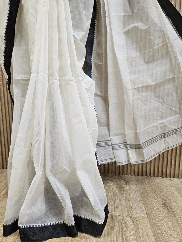 Off-White & Black Tangail Cotton Saree by Balaram Saha - (handloom saree, cotton saree, handloom cotton saree, balaram saha online, handloom sarees, balaram saha handloom saree store photos, balaram saha handloom saree store, cotton handloom saree, bengal handloom sarees, pure cotton, Zari border, handloom cotton saree with zari border, soft cotton saree with zari border, cotton saree for women, cotton saree online balaram saha, balaram saha handloom saree store, balaram saha saree, balaram saha online)
