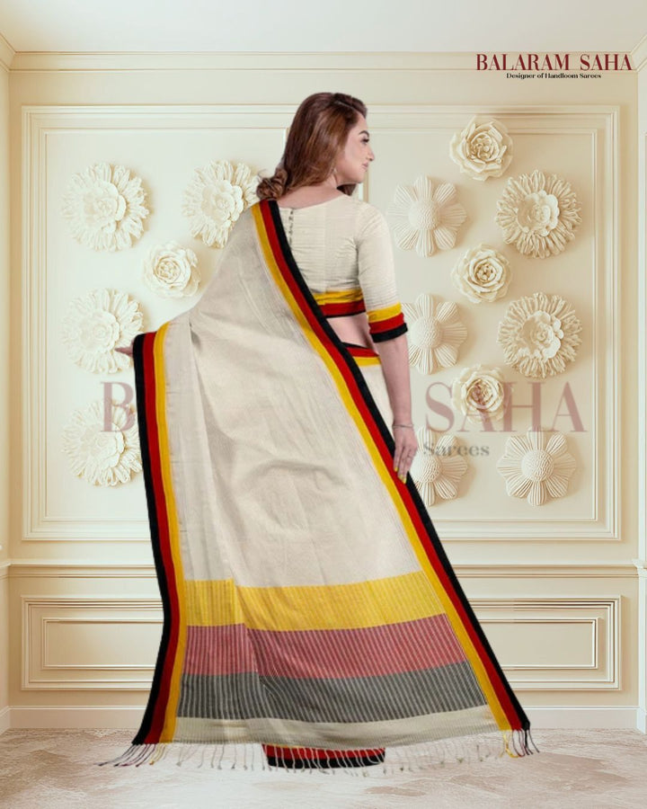 Off-White Premium Quality Handloom Soft Cotton Saree with Contrast Border by Balaram Saha - (handloom saree, cotton saree, handloom cotton saree, balaram saha online, handloom sarees, cotton handloom saree, bengal handloom sarees, pure cotton, cotton saree for women, cotton saree online) https://archive.org/