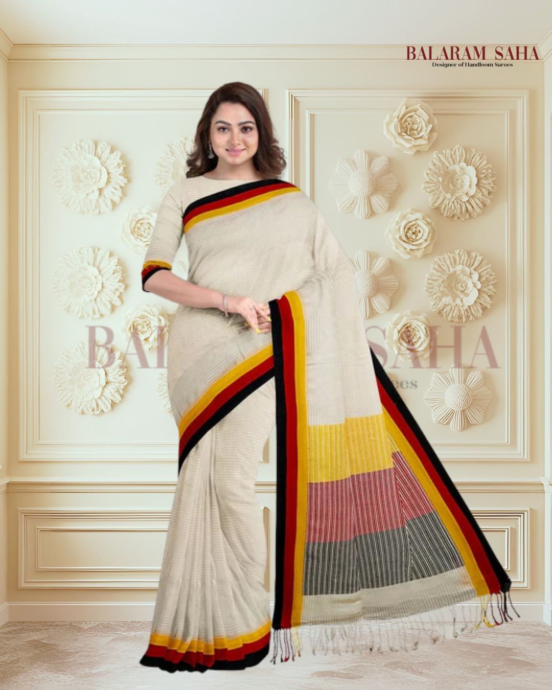 Off-White Premium Quality Handloom Soft Cotton Saree with Contrast Border by Balaram Saha - (handloom saree, cotton saree, handloom cotton saree, balaram saha online, handloom sarees, cotton handloom saree, bengal handloom sarees, pure cotton, cotton saree for women, cotton saree online)      https://www.wikipedia.org/