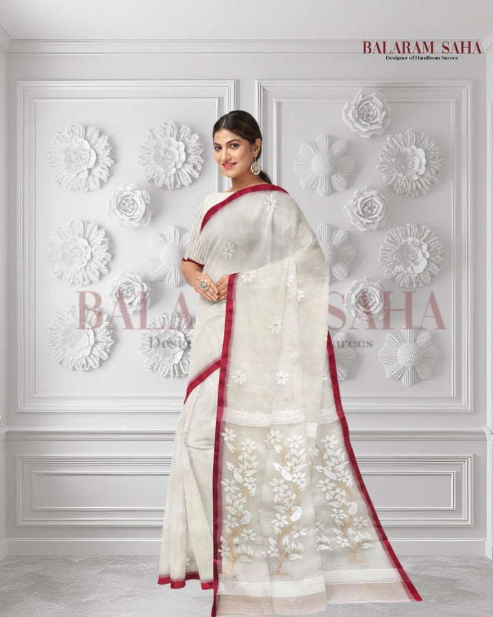 Heritage Excellence: Balaram Saha's Off-White & Red Best Quality Muslin Silk Jamdani Saree  Balaram Saha