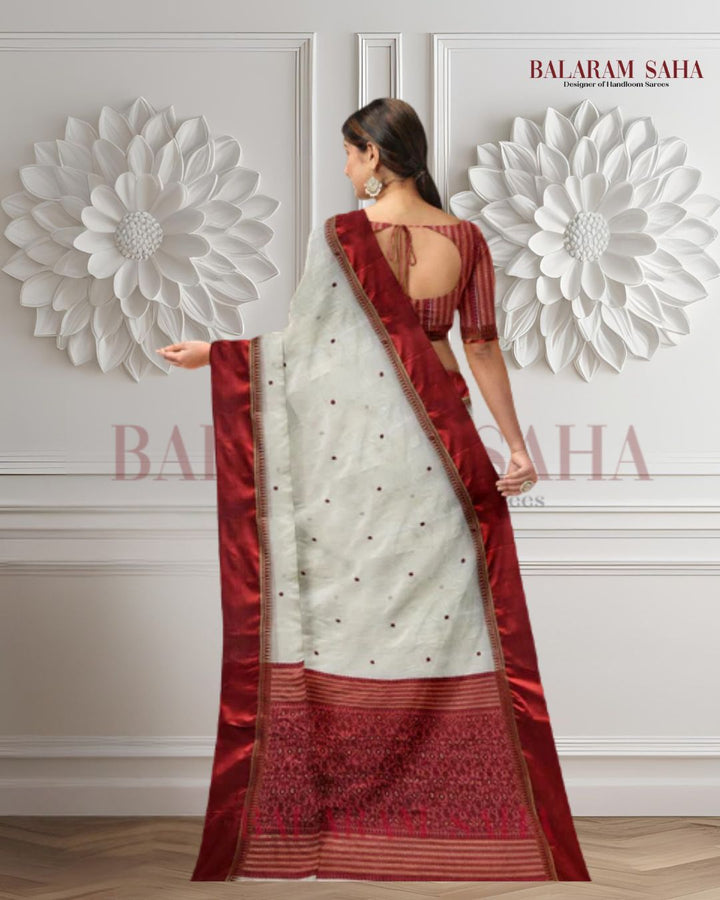 Balaram Saha's Off-White & Red Handloom Garad Silk Saree With Satin Woven Temple Border: Timeless Elegance Balaram Saha