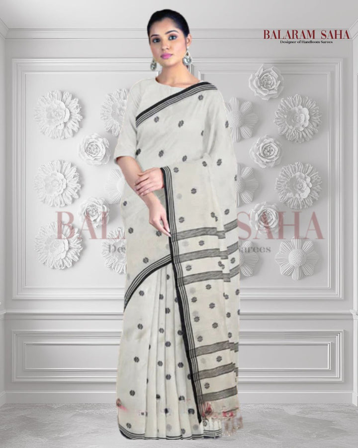 Off-White and Black Handspun Cotton Jamdani Saree by Balaram Saha Balaram Saha