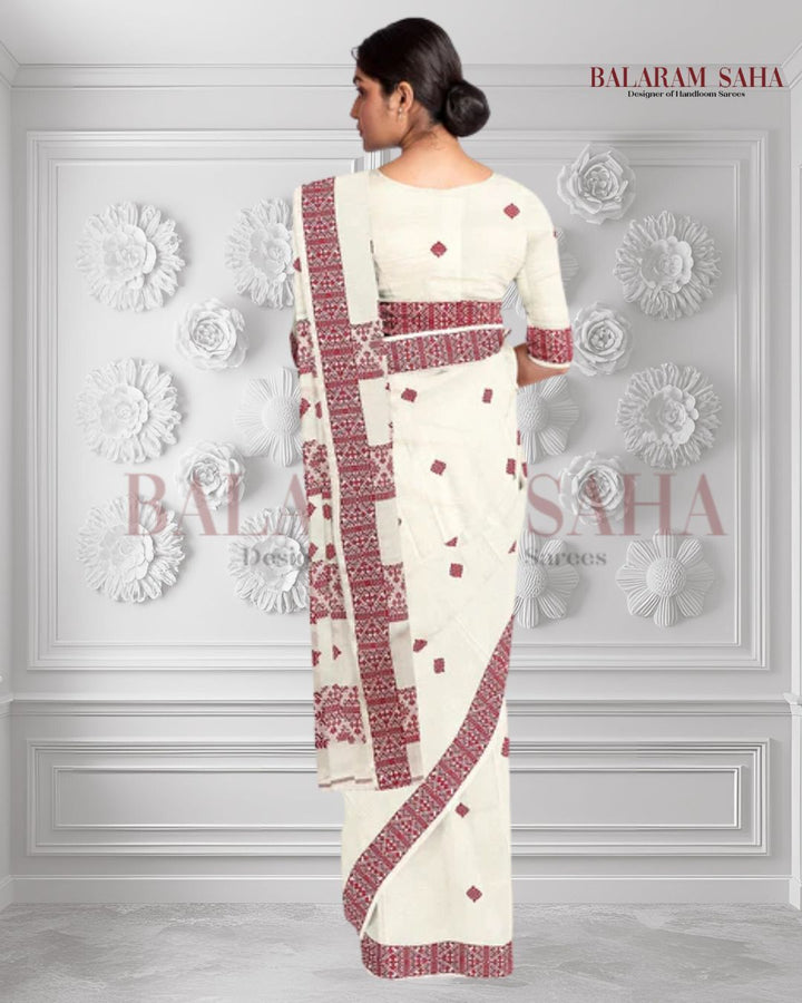 Off-White Soft Handloom Cotton Saree With Red Border Balaram Saha