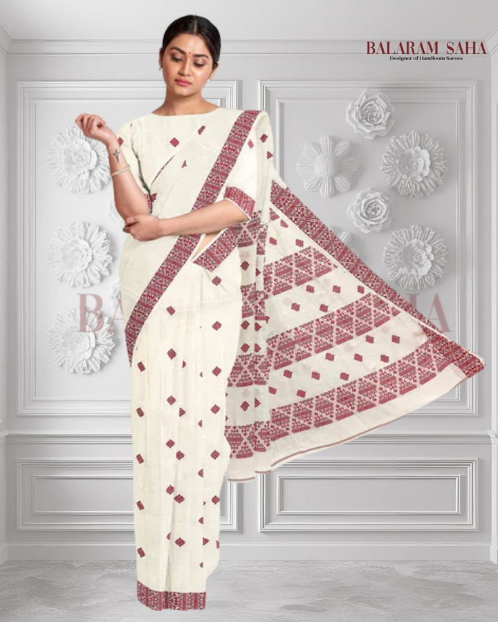 Off-White Soft Handloom Cotton Saree With Red Border Balaram Saha
