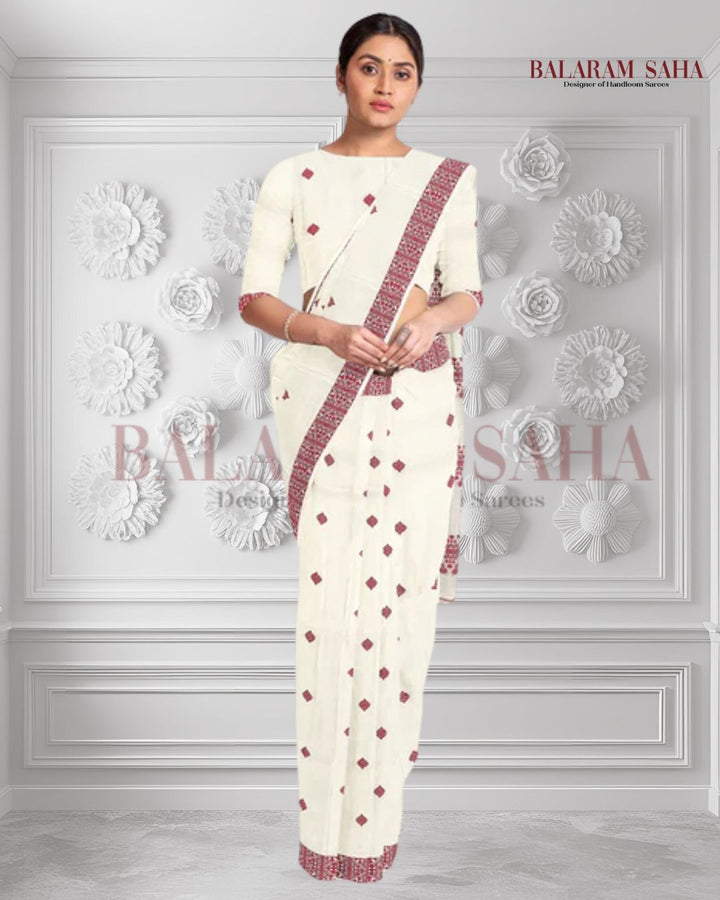 Off-White Soft Handloom Cotton Saree With Red Border Balaram Saha