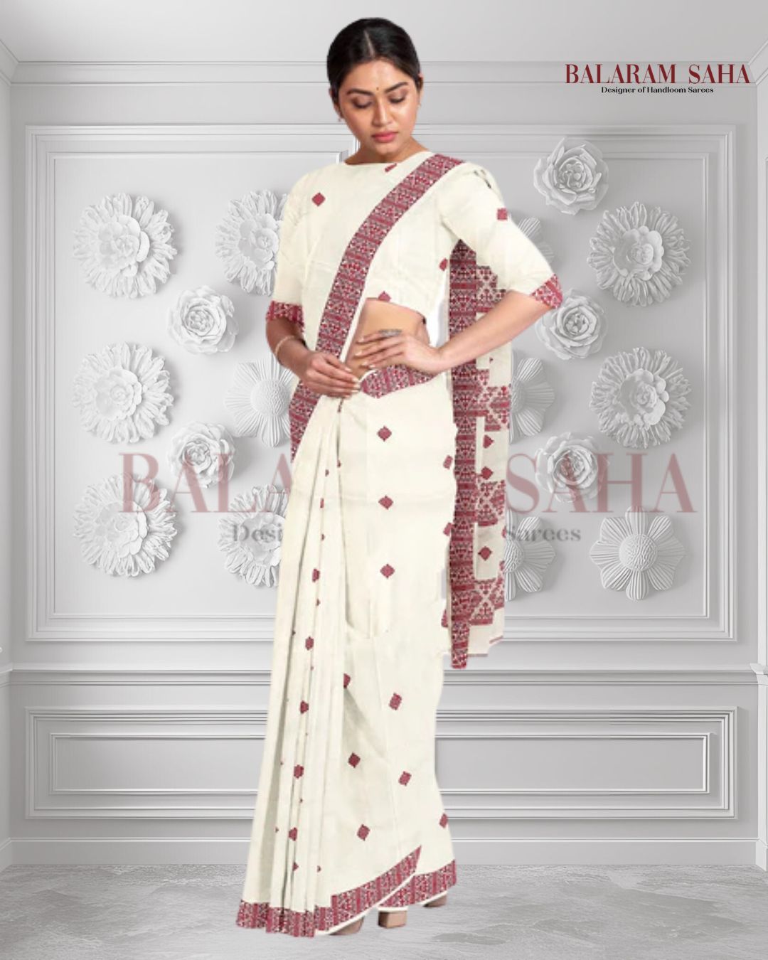 Off-White Soft Handloom Cotton Saree With Red Border Balaram Saha