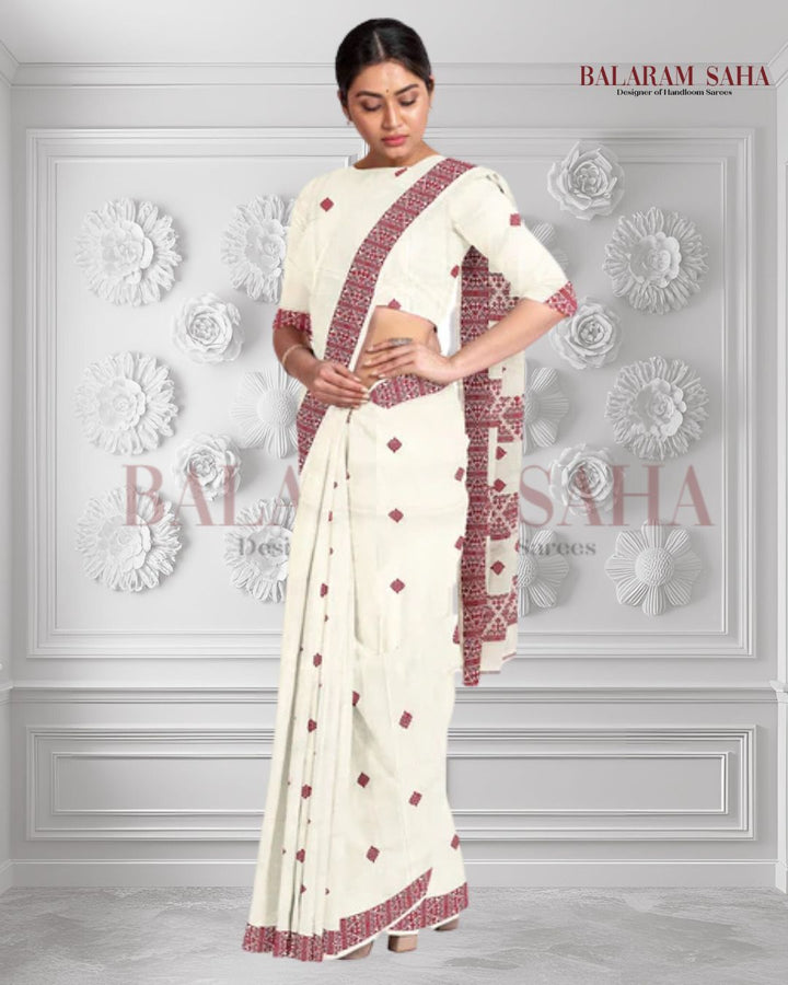 Off-White Soft Handloom Cotton Saree With Red Border Balaram Saha
