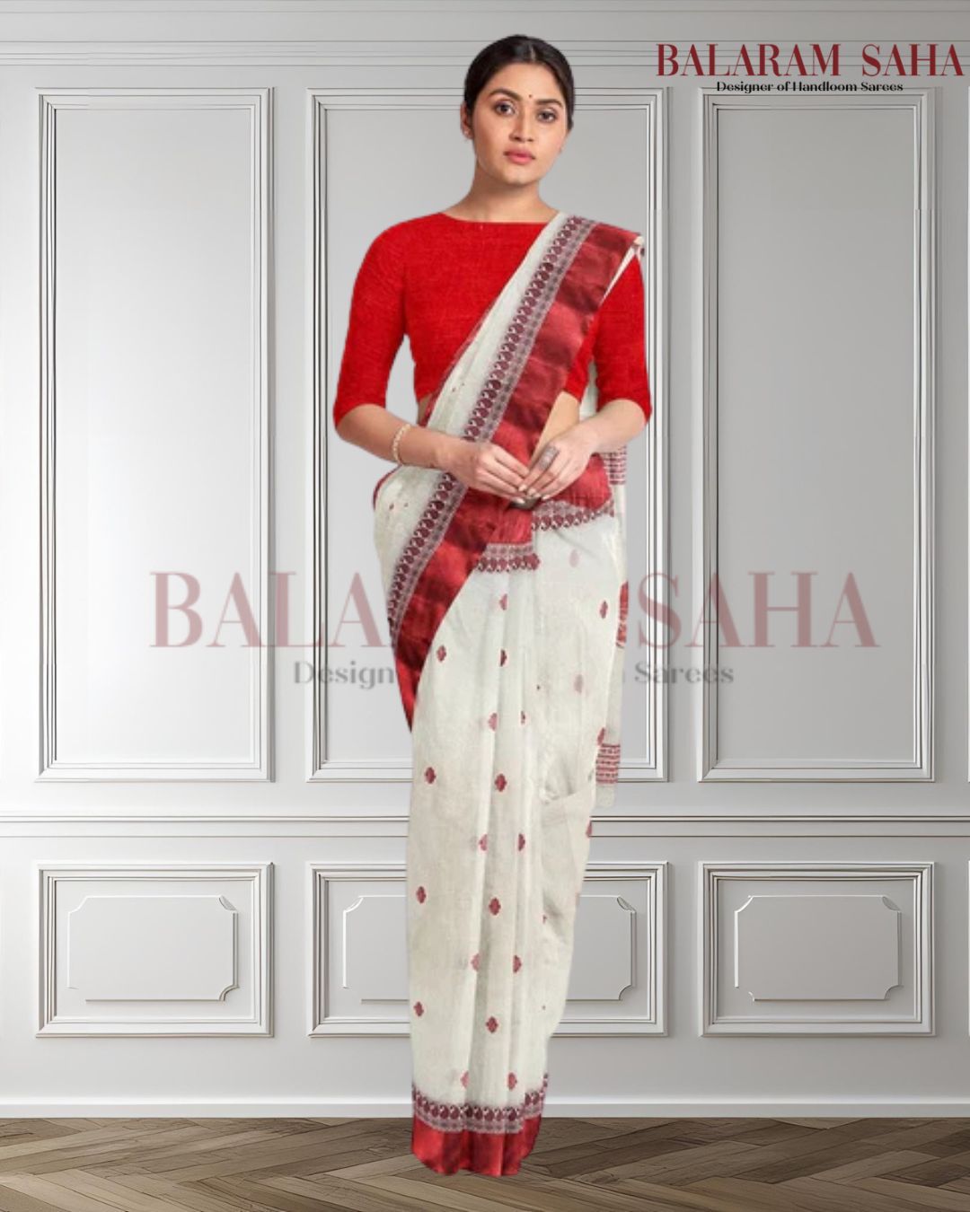 Off White & Red and Blue Handloom Cotton Saree (handloom saree, cotton saree, handloom cotton saree, balaram saha online, handloom sarees, cotton handloom saree)   https://www.20minutos.es/