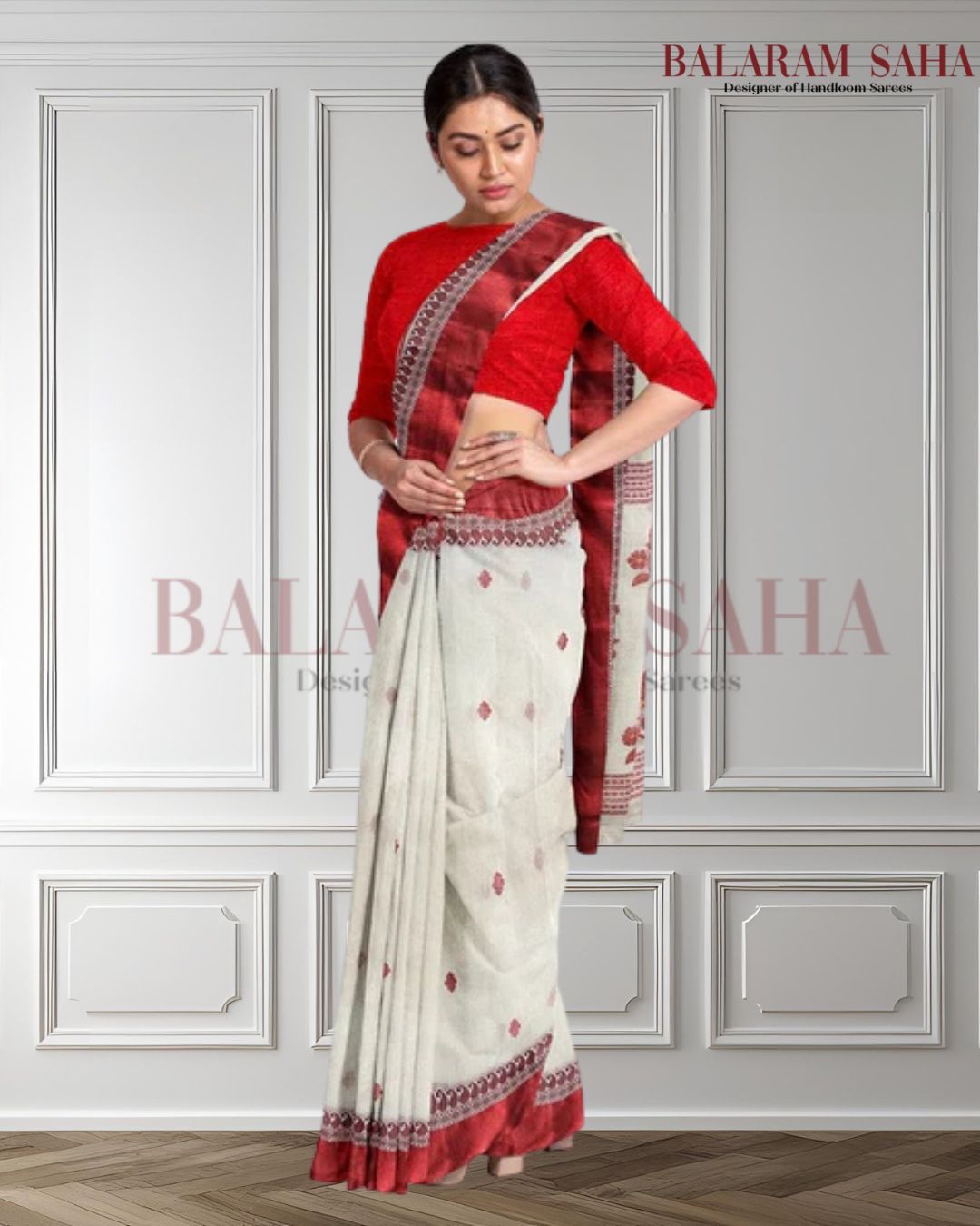 Off White & Red and Blue Handloom Cotton Saree (handloom saree, cotton saree, handloom cotton saree, balaram saha online, handloom sarees, cotton handloom saree)