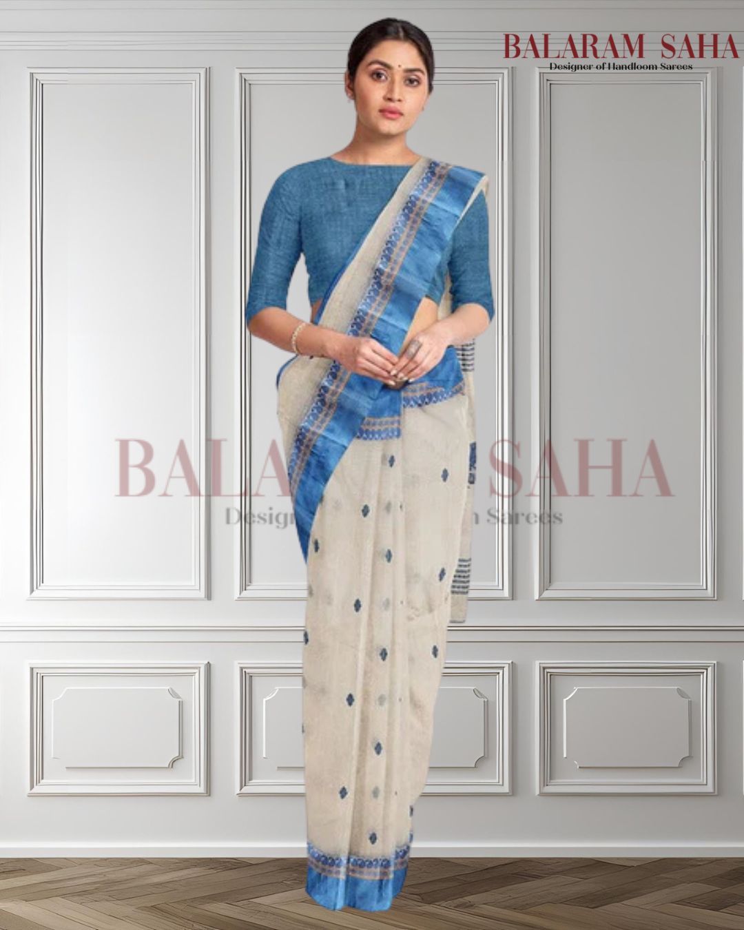 Off-White & Blue Tangail Elegance: A Balaram Saha Handloom Cotton Saree Masterpiece Balaram Saha