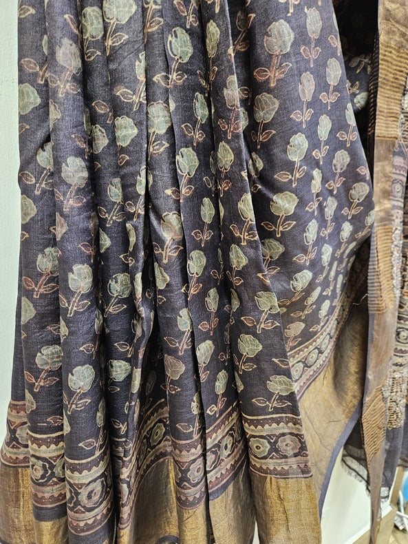 Original Ajrak Print Dark Brown Pure Handloom Tussar Silk Saree (tussar silk saree, handloom saree, cotton saree, handloom cotton saree, balaram saha online, handloom sarees, balaram saha handloom saree store photos, balaram saha handloom saree store, cotton handloom saree, bengal handloom sarees, pure cotton, cotton saree for women, cotton saree online)   https://www.youronlinechoices.com/