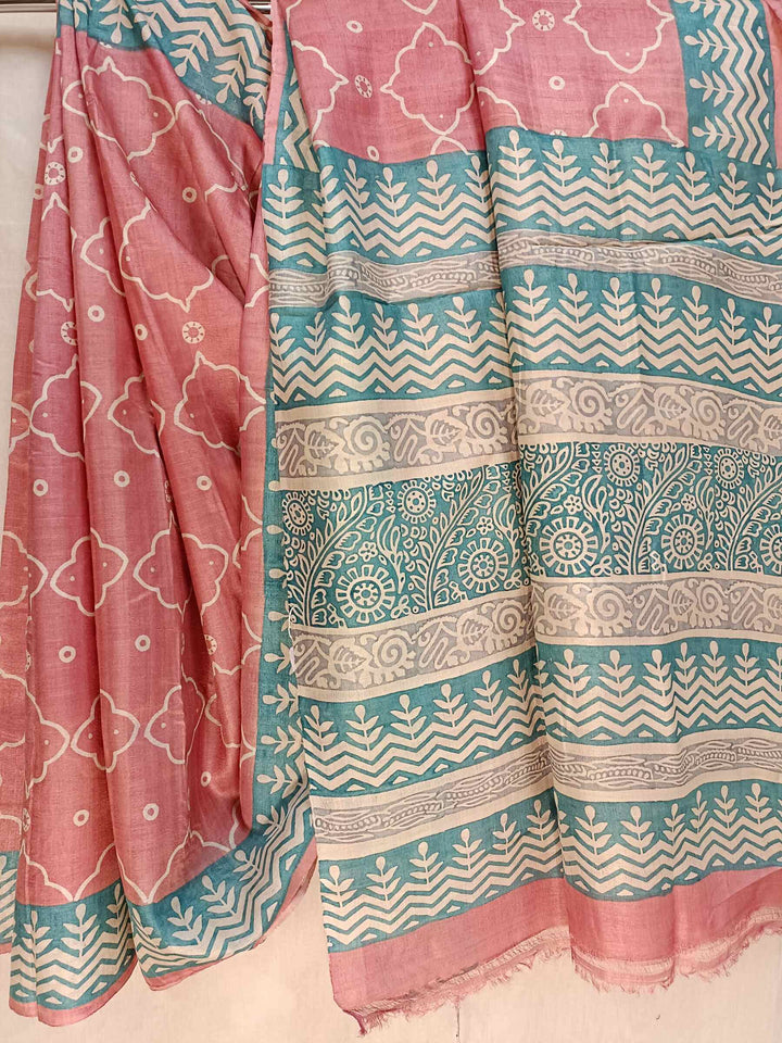 New Summer Vintage Peach Handloom Tussar Silk Block Print Saree By Balaram Saha (balaram saha, Kolkata Bengal Saree, handloom saree, handloom cotton saree, balaram saha online, balaram saha handloom saree store, handloom sarees, balaram saha handloom saree store photos, balaram saha handloom saree store, cotton handloom saree, bengal handloom sarees,tussar silk saree, tussar silk sarees, handloom tussar silk saree)