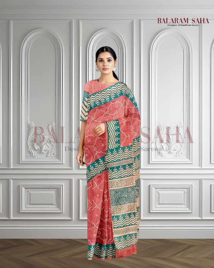 New Summer Vintage Peach Handloom Tussar Silk Block Print Saree By Balaram Saha (balaram saha, Kolkata Bengal Saree, handloom saree, handloom cotton saree, balaram saha online, balaram saha handloom saree store, handloom sarees, balaram saha handloom saree store photos, balaram saha handloom saree store, cotton handloom saree, bengal handloom sarees,tussar silk saree, tussar silk sarees, handloom tussar silk saree)
