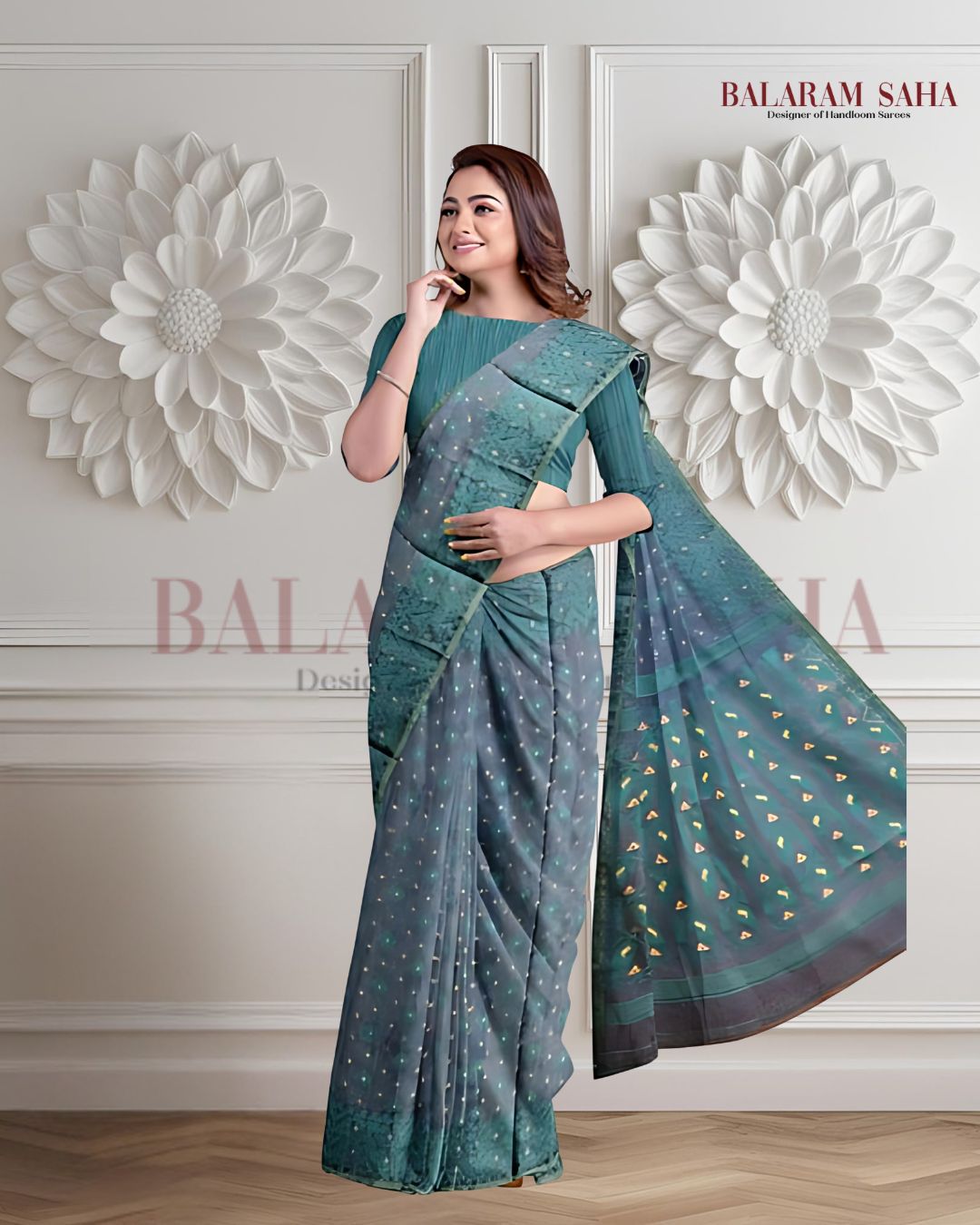 Balaram Saha Threads of the Sea: The Peacock Blue & Sea Green Handloom Jamdani Saree  Balaram Saha