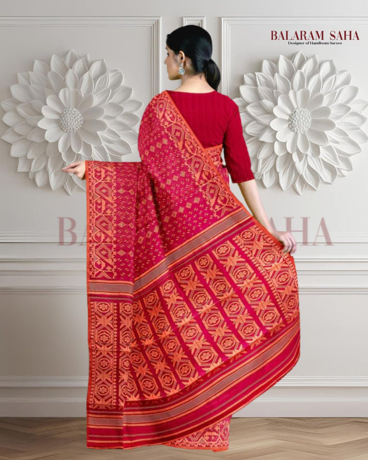 Pinkish Red and orange,  silk by cotton handloom Jacquard Jamdani Saree Balaram Saha