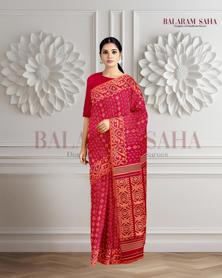 Pinkish Red and orange,  silk by cotton handloom Jacquard Jamdani Saree Balaram Saha
