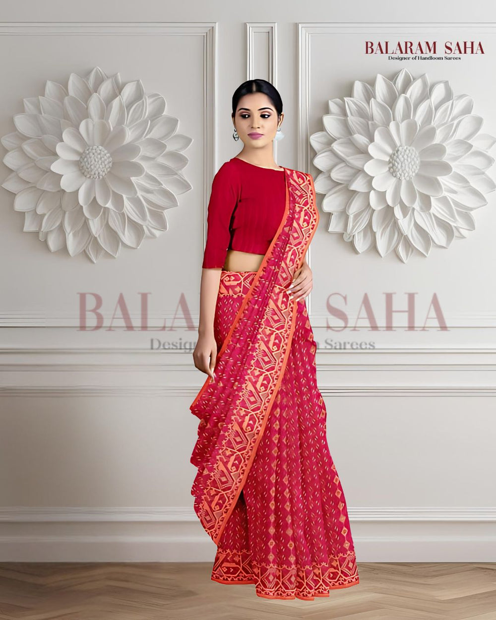 Pinkish Red and orange,  silk by cotton handloom Jacquard Jamdani Saree Balaram Saha